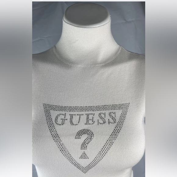 NEW GUESS Ebony Turtle Neck Sweater Tank Sparkle Logo Sleeveless White Size M - Picture 3 of 7